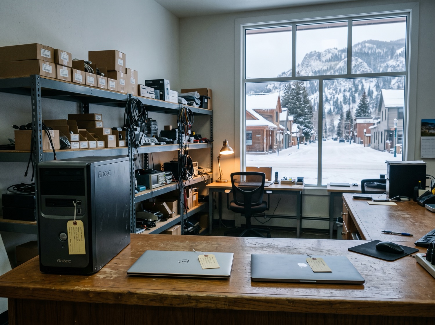 The service counter at MDL Consulting in Silverthorne, Colorado, with a snowy mountain street outside